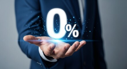 Businessman holding glowing zero percentage or 0 percent for special offer of shopping department store and discount concept. Interest rate, installment payment, promotion, marketing, boost sales	
