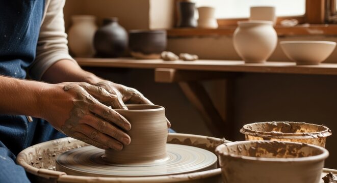 Young caucasian male artist creating pottery on a wheel in a sunlit studio