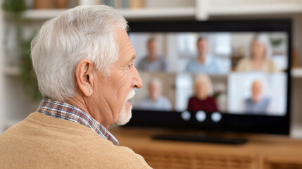 An elderly man engaging in a video call with family and friends, enjoying technology and connection from home.