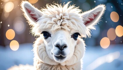 Fototapeta premium Adorable alpaca in snowy winter landscape with closeup portrait with bokeh lights.