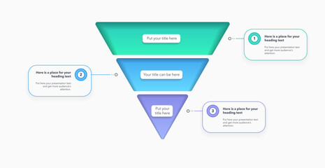 Fototapeta na wymiar Modern funnel chart template with 3 colorful sections. Creative diagram divided into three parts with numbers and place for your content.