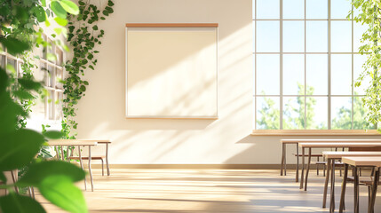 Bright and tranquil workspace featuring natural light, greenery, and open space, ideal for creativity and focus.