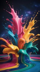 Vibrant liquid splashes in a galaxy background paint splash
