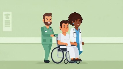 Medical professionals assisting a patient in a hospital corridor with a wheelchair
