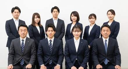 日本の中小企業入社式：新入社員たちの記念撮影	