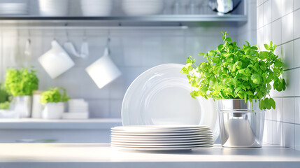 Fresh herbs and white plates in a modern kitchen setting, creating a vibrant and inviting culinary atmosphere.