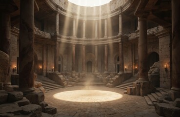 Obraz premium Grand room with circular window, central pillar, balcony, and arches. Symmetrical design with columns and plain walls. Warm glow from light source above, illuminating space.