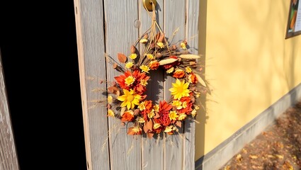 A floral wreath hanging on a gray wooden door next to a yellow wall in bright sunlight outside home