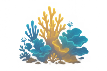 Vibrant corals glow, forming a captivating underwater scene against a transparent background, perfect for marine-themed projects