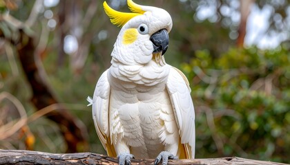 A white cockatoo perches on a branch, its yellow crest prominent against a blurred green background