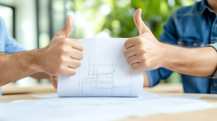 Two professionals showing thumbs up with a blueprint in hand, symbolizing collaboration and successful project planning.