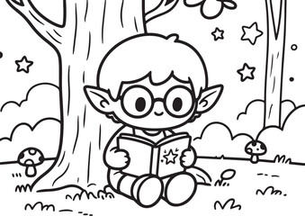 Chibi Elf Reading Magic Book Coloring Page