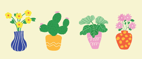 Crayon Style Potted Plants Cute Hand Drawn Houseplants Vector Set. Perfect for home decor designs, wall art, greeting cards, stickers, nursery prints, and botanical-themed projects. 