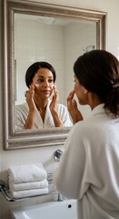 Serene Woman Applying Cream in Bathroom Mirror SelfCare Ritual.