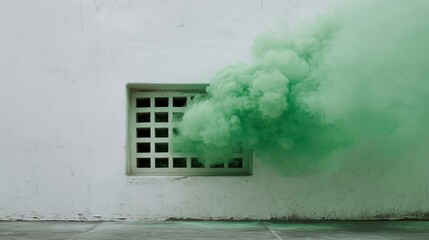 Green smoke billows from a window in a white wall. The scene captures a vibrant contrast between the smoke and the stark background.