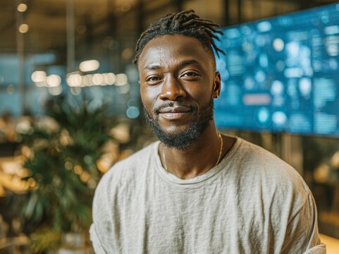 Confident programmer smiling in modern office with analytics dashboard displayed on screen