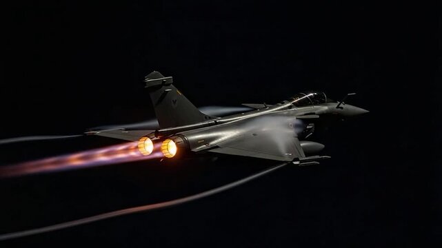 A Rafale fighter jet in flight, its afterburners blazing, leaving a fiery trail against a dark background.