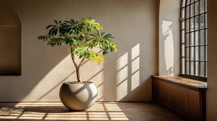 A potted plant with large green leaves stands in a modern interior. Sunlight casts shadows on the floor and walls, creating a serene atmosphere.