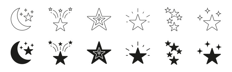 Moon And Stars Line And Solid Icon Set. Nighttime, Celestial, And Cosmic Symbol Collection. Lunar Phases And Starry Sky Representation. Isolated Vector Illustration
