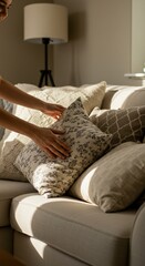 Woman Arranging Floral Pillow on Cozy Sofa in Sunlight.