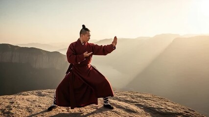 A martial artist in a red robe practices Tai Chi on a rocky mountain peak against a backdrop of misty mountains.