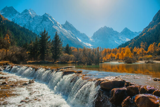 Bipenggou national park with the Beautiful  snow mountains in autumn, Chengdu ,Sichuan in China.