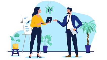 Two business people, businessman and businesswoman having a discussion or a meeting in an office setting, representing teamwork and corporate collaboration in flat design vector illustration