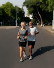 Happy senior couple jogging together in park on sunny day, healthy lifestyle
