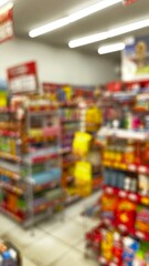 Abstract defocused background of a minimarket or convenience store. Blurred minimarket shop