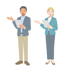 タブレットを持つ外国人の男女