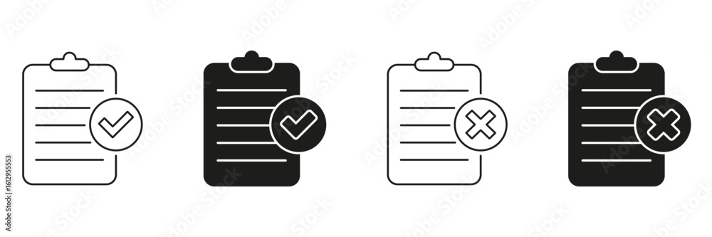 Aufkleber clipboard with check and cross marks line and solid icon set. task completion and error indication s