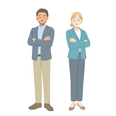 腕組みをするスーツを着た外国人の男女