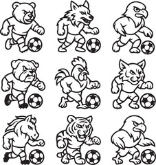 Cartoon Animals Playing Soccer - Black and White Illustration