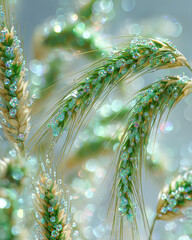 Glimmering Wheat Stalks with Dewdrops