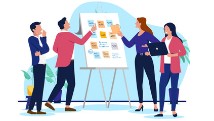A business team of people having a brainstorming workshop session, using a whiteboard and sticky notes to create a new strategy or a project plan, flat design vector illustration