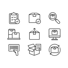 Supply chain and warehouse icons. Outline symbols. Line design