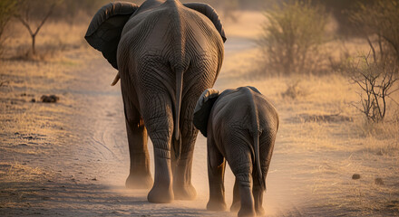 Mother elephant and calf walking in the warm African savanna landscape at sunset