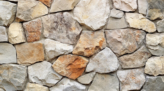 A rustic stone wall texture featuring various shapes and shades of beige brown and grey stones