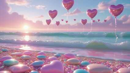 Surreal pink and blue coastal landscape with balloons. Ideal for love story visuals, event promotions, and magical photography concepts.