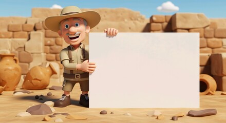 Archeologist pointing a big blank whiteboard, cartoon 3D illustration, isolated on white background, placard, 