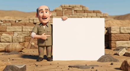 Archeologist pointing a big blank whiteboard, cartoon 3D illustration, isolated on white background, placard, 