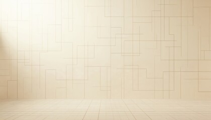 Black and white illustration with white background, diagonal lines and gray floor in center. Solitary and calm atmosphere. Black floor at top right, lines on white wall from top left to bottom right.