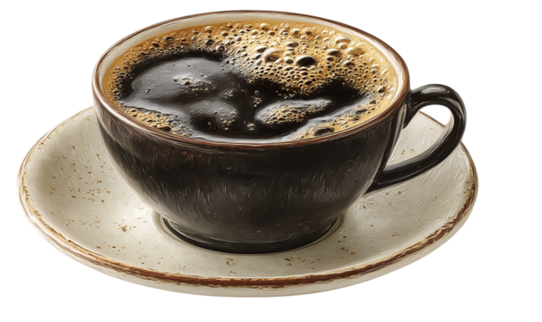 Rich black coffee in a dark brown ceramic cup on a speckled saucer isolated against a white backdrop highlighting its texture isolated on transparent background