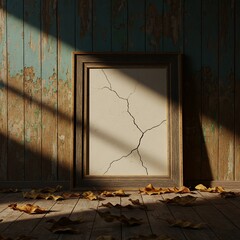 Cracked frame against peeling wall with scattered autumn leaves