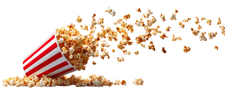 Overflowing red and white striped popcorn bucket with scattered kernels against a clean transparent background
