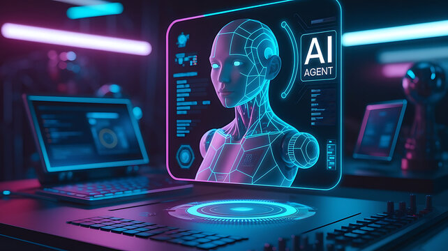 3D hologram of an AI agent in digital environment, intelligent virtual assistant, artificial intelligence interaction, AI agent, 3D hologram, holographic AI, virtual assistant, artificial intelligenc
