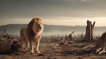 Lone male lion standing on deforested land with dry tree stumps and hazy sky, symbolizing habitat loss, climate impact, and urgent need for wildlife and lion conservation awareness