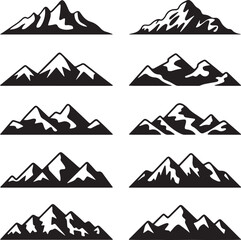 Mountain icon set with triangle peaks and nature symbols for travel safety