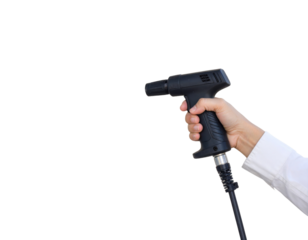 A hand holds a black air blower gun with a hose attachment, typically used for cleaning or dust removal in industrial or workshop settings.