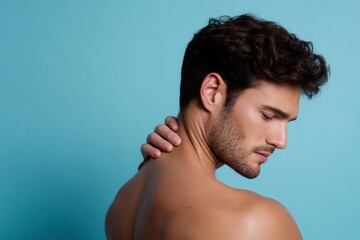 Naklejka premium A serene man gently touches his shoulder with a thoughtful expression. The simple blue background enhances his calm demeanor. This portrait is stylish and evokes tranquility. AI